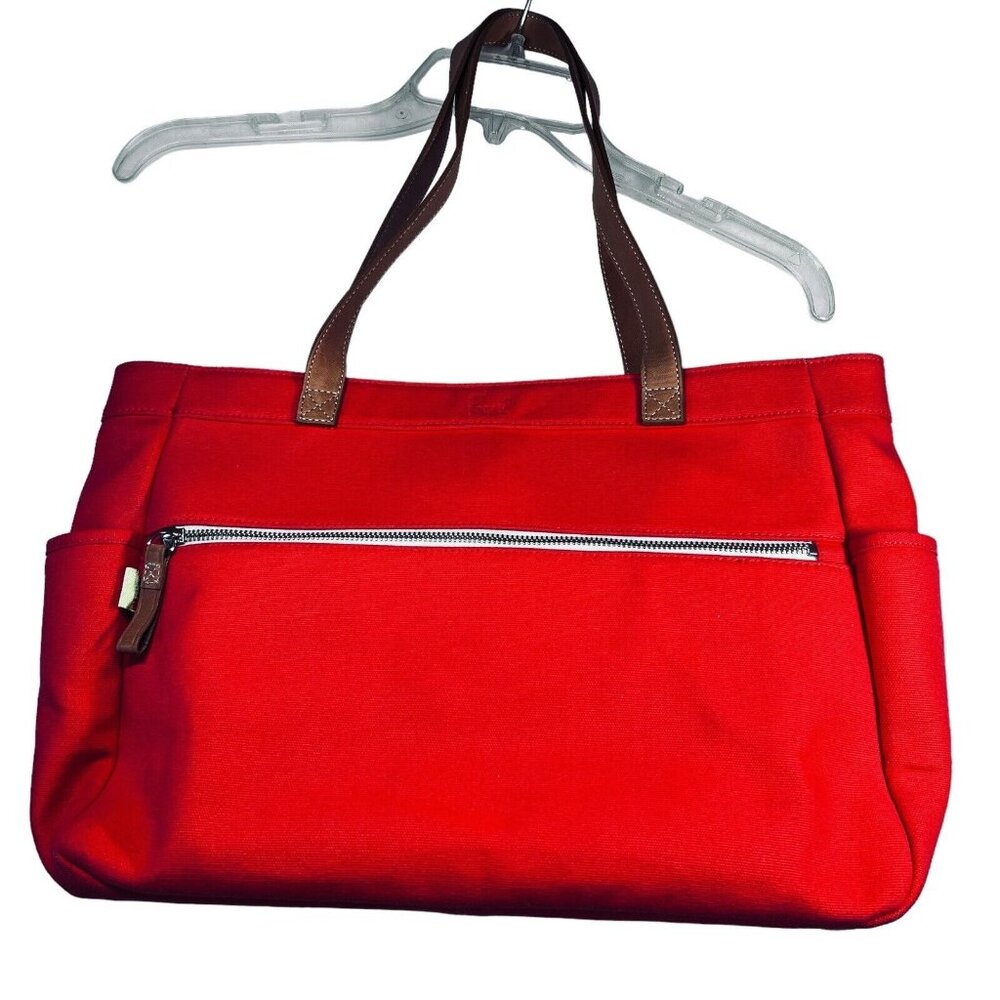 Fossil Coated Canvas Small Tote Bag Hand Bag Purse Pockets Orange Leather Straps